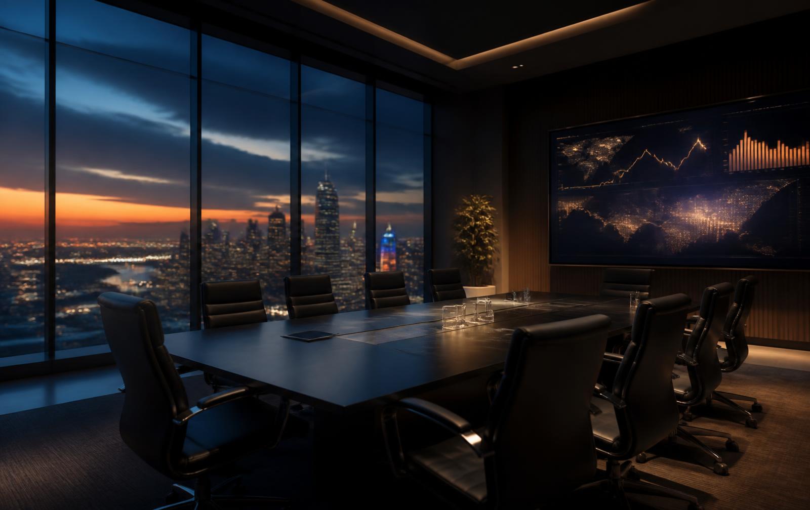 Boardroom at dusk with a financial dashboard on screen